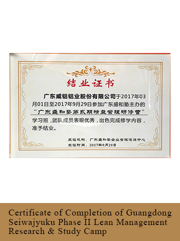 Certificate of Completion of Guangdong Seiwajyuku Phase II Lean Management Research & Study Camp